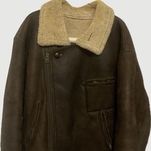 GENUINE SHEARLING SHEEPSKIN BROWN LEATHER BOMBER FLIGHT JACKET MEN’S XL- D.B.